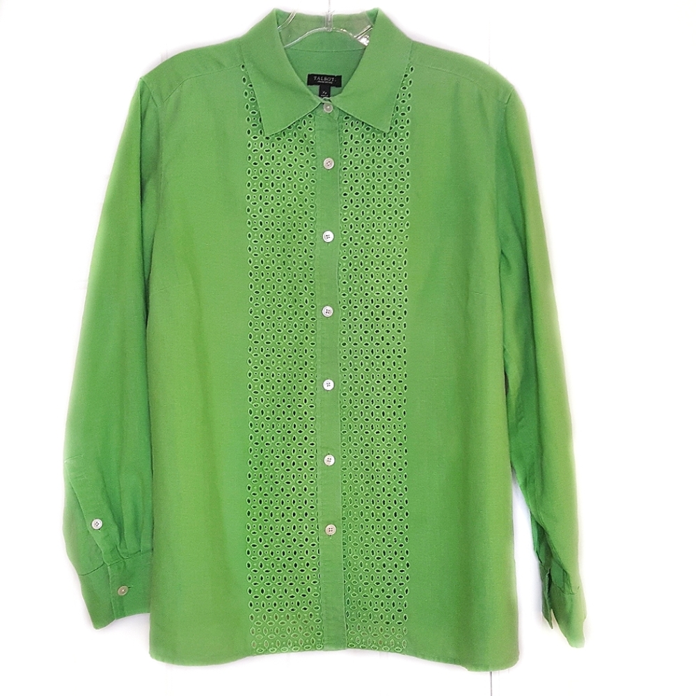 Talbots 100% Linen Bright Green Button Down Shirt w/ Eyelet Detail, Sz XLP